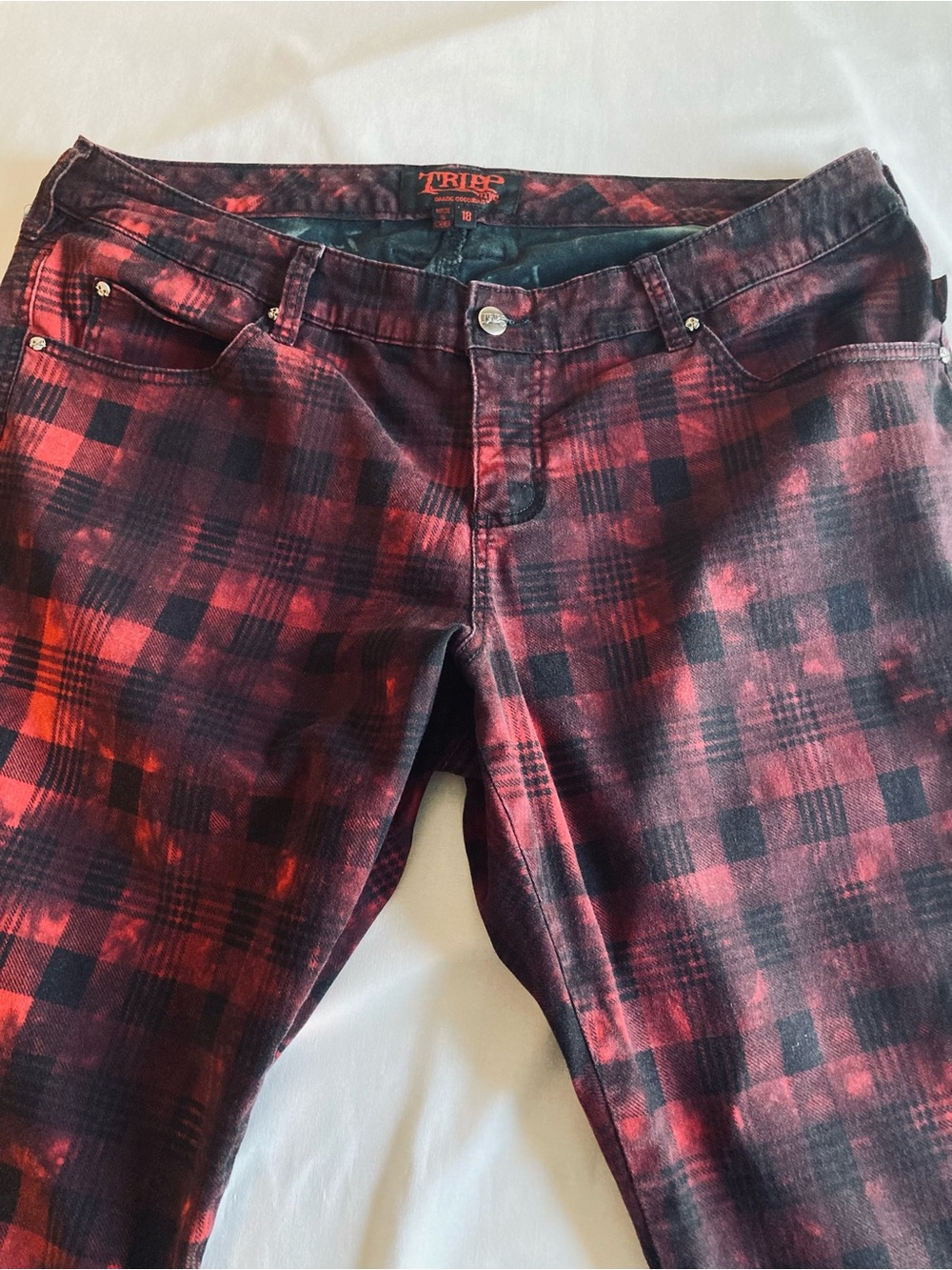 Tripp NYC red plaid distressed tie dye pants jeans Punk grunge goth size 18 - Picture 15 of 16